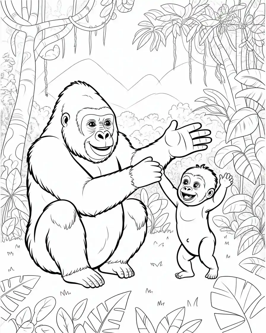 mama gorilla playing with her baby in the forest coloring page 1