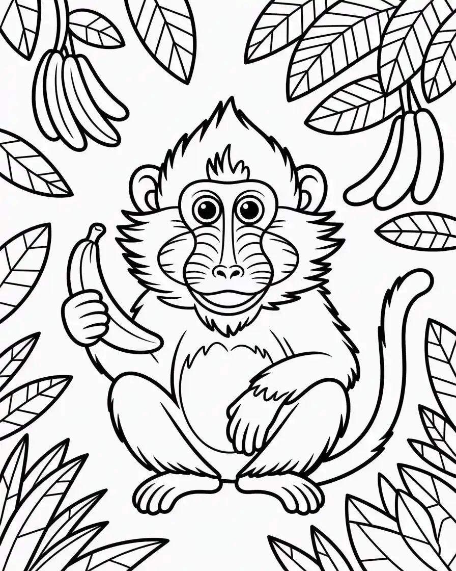 mandrill monkey holding banana coloring page 1