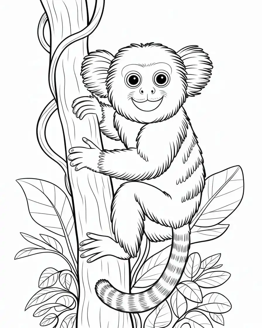 marmoset monkey climbing a tree coloring page 1