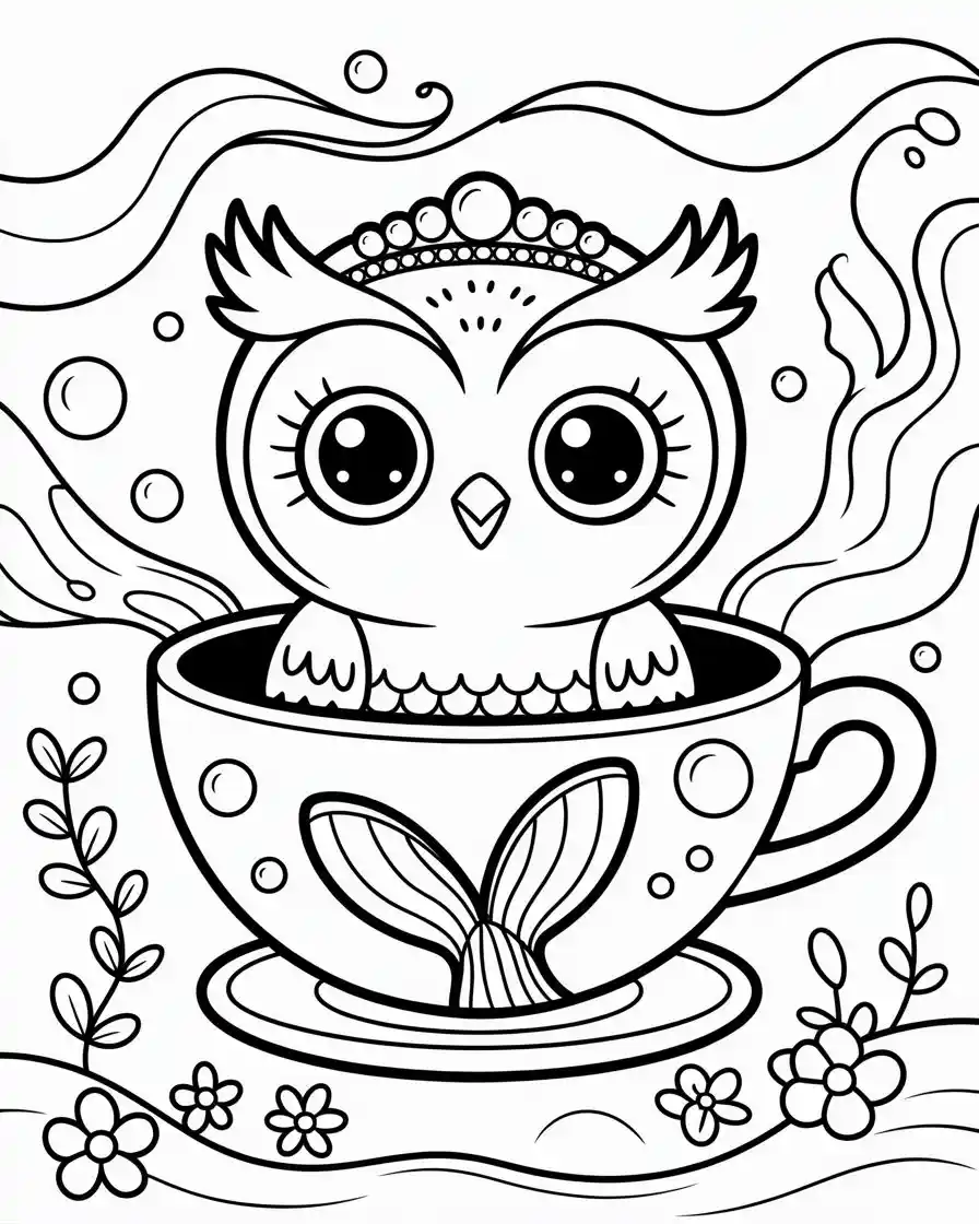 mermaid owl in teacup coloring page 1