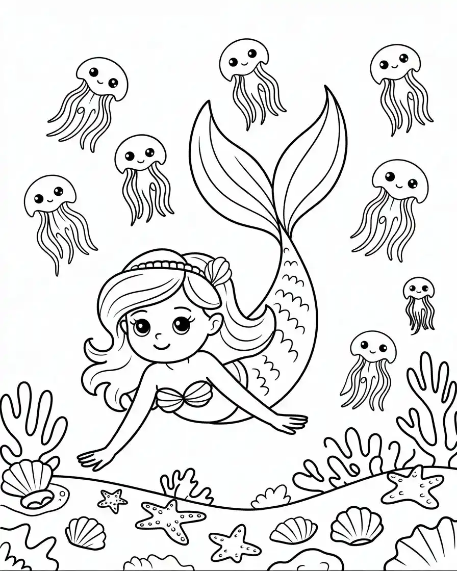 mermaid swimming with jellyfish coloring sheet 1