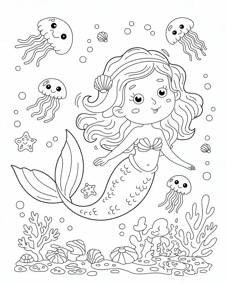 mermaid swimming with jellyfish coloring sheet