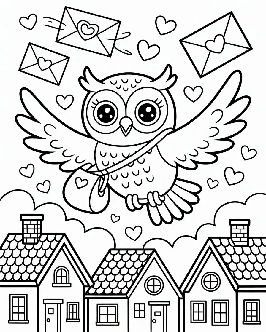 messenger owl with love letters coloring page 1