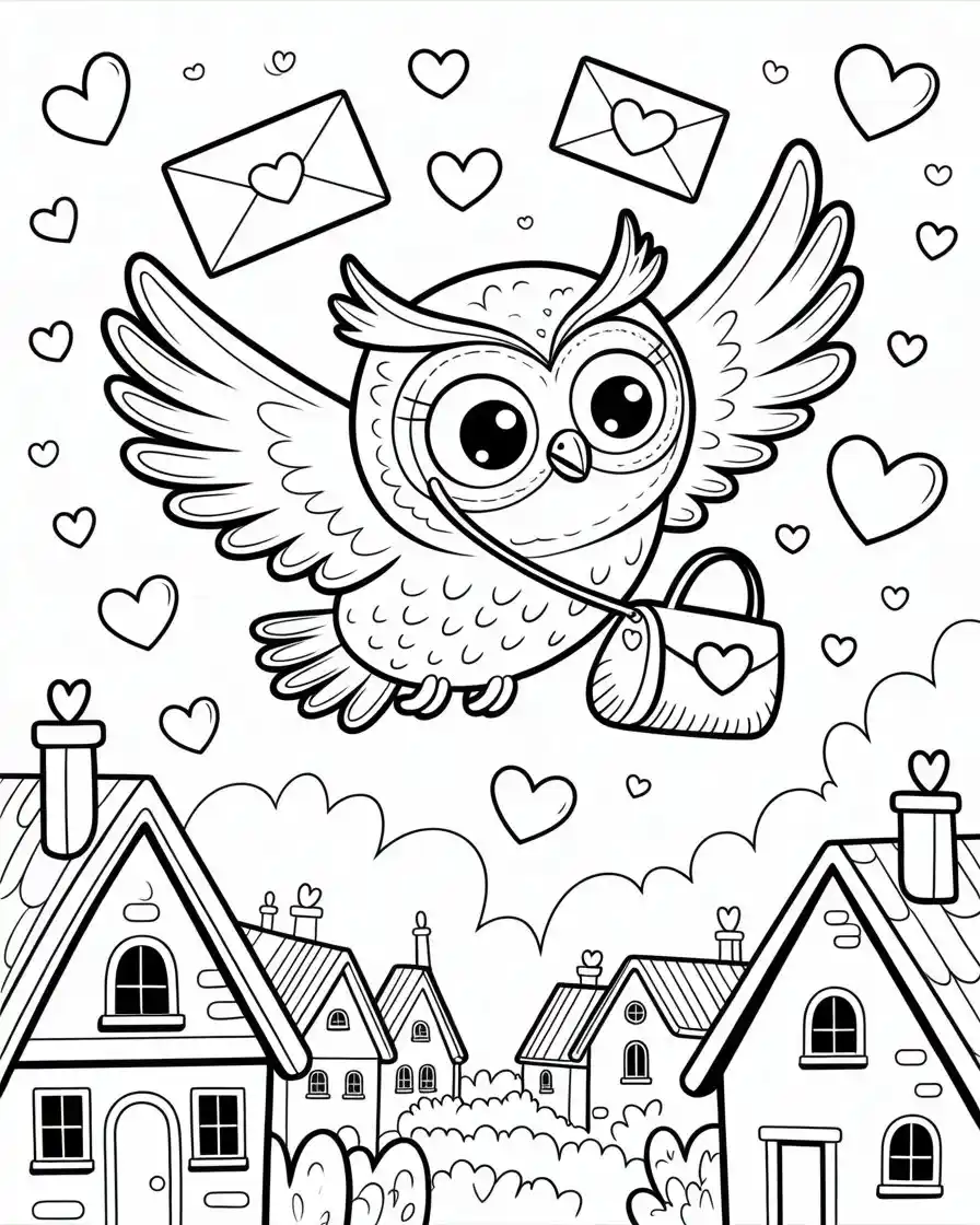 messenger owl with love letters coloring page 2
