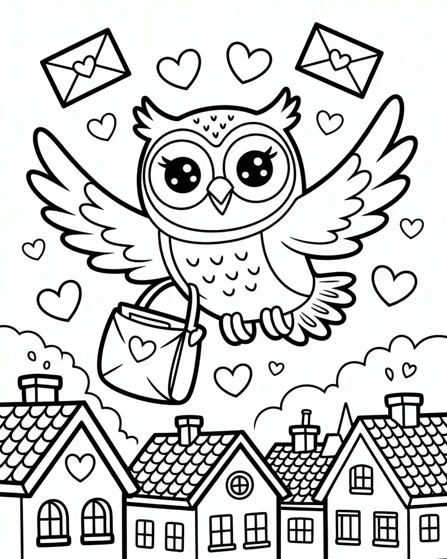 messenger owl with love letters coloring page