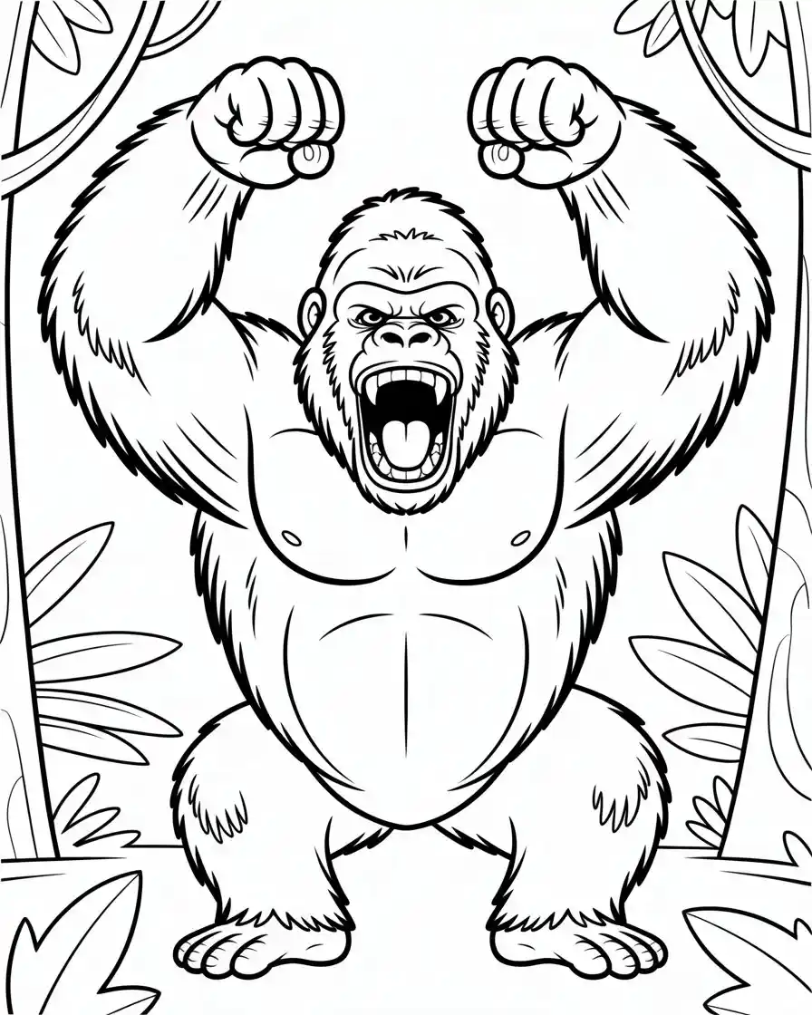 mighty gorilla roaring with fists raised coloring page for kids