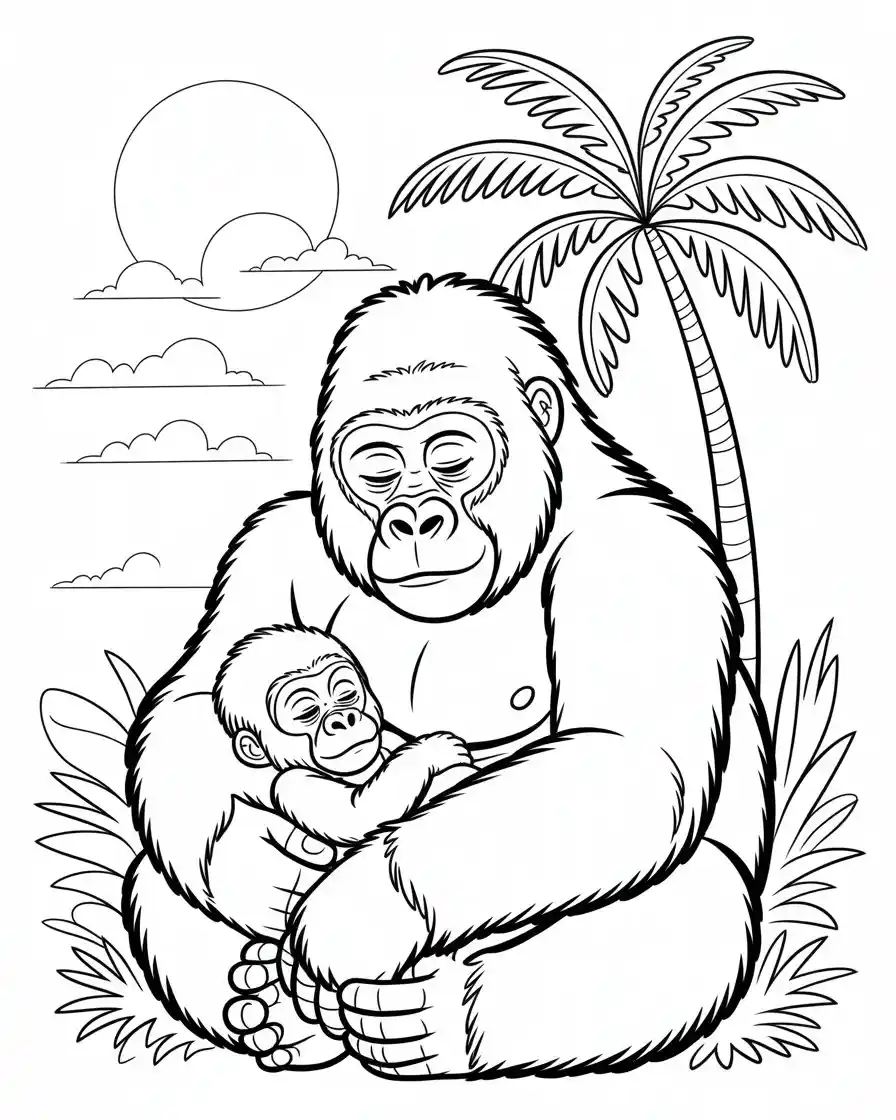 mommy gorilla cuddling baby gorilla coloring sheet for kids