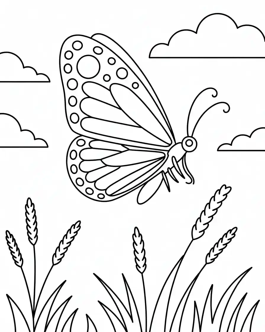 monarch butterfly hovering on grass coloring page