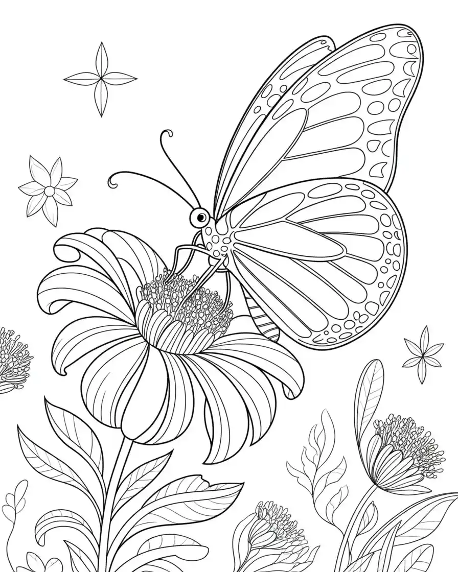 monarch butterfly perched on flowers coloring page 1