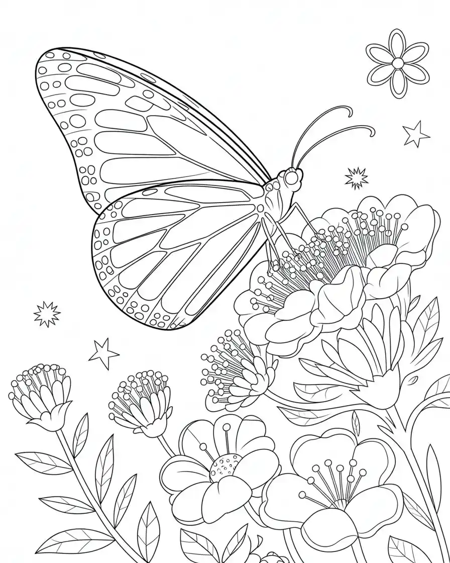 monarch butterfly perched on flowers coloring page