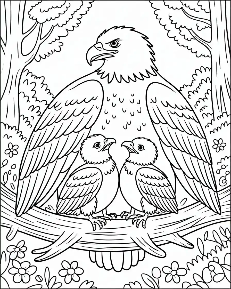 mother bald eagle shielding her eaglets coloring page