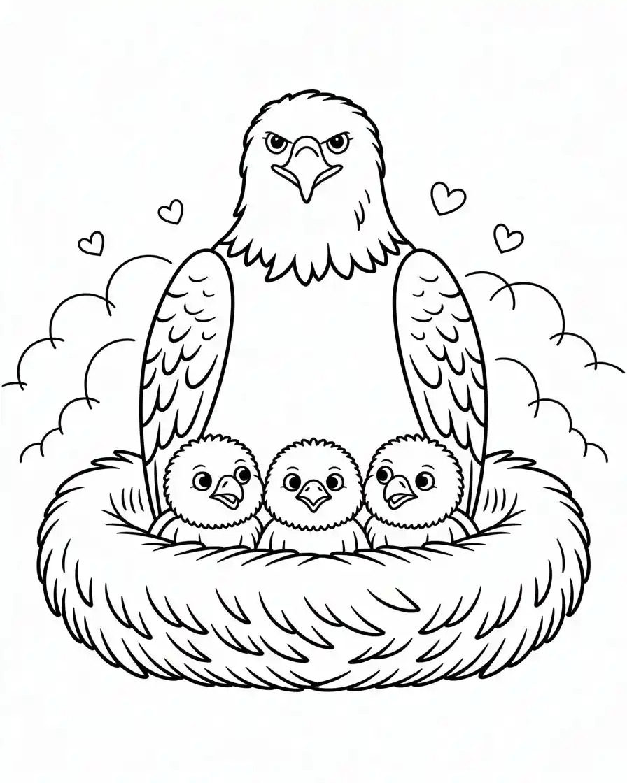 mother bald eagle with three eaglets coloring page
