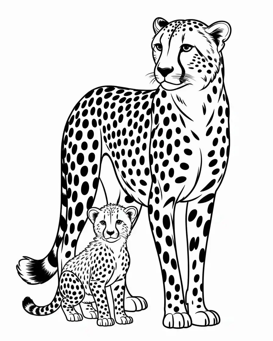 mother cheetah with cub coloring page
