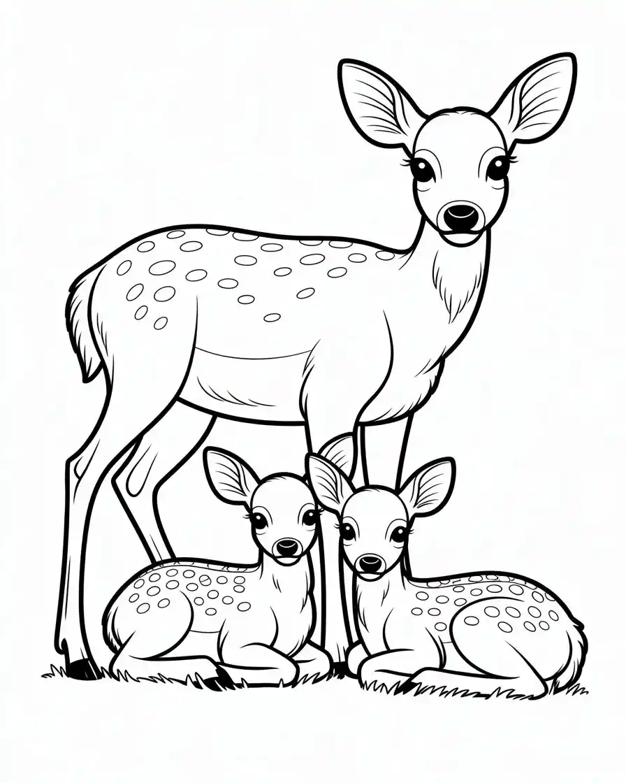 mother deer with two fawns coloring page