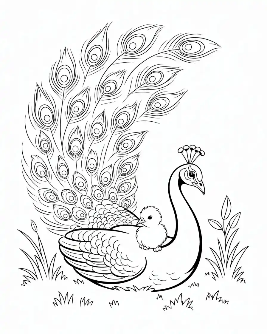 mother peacock with chick bird line art printable for kids and adults