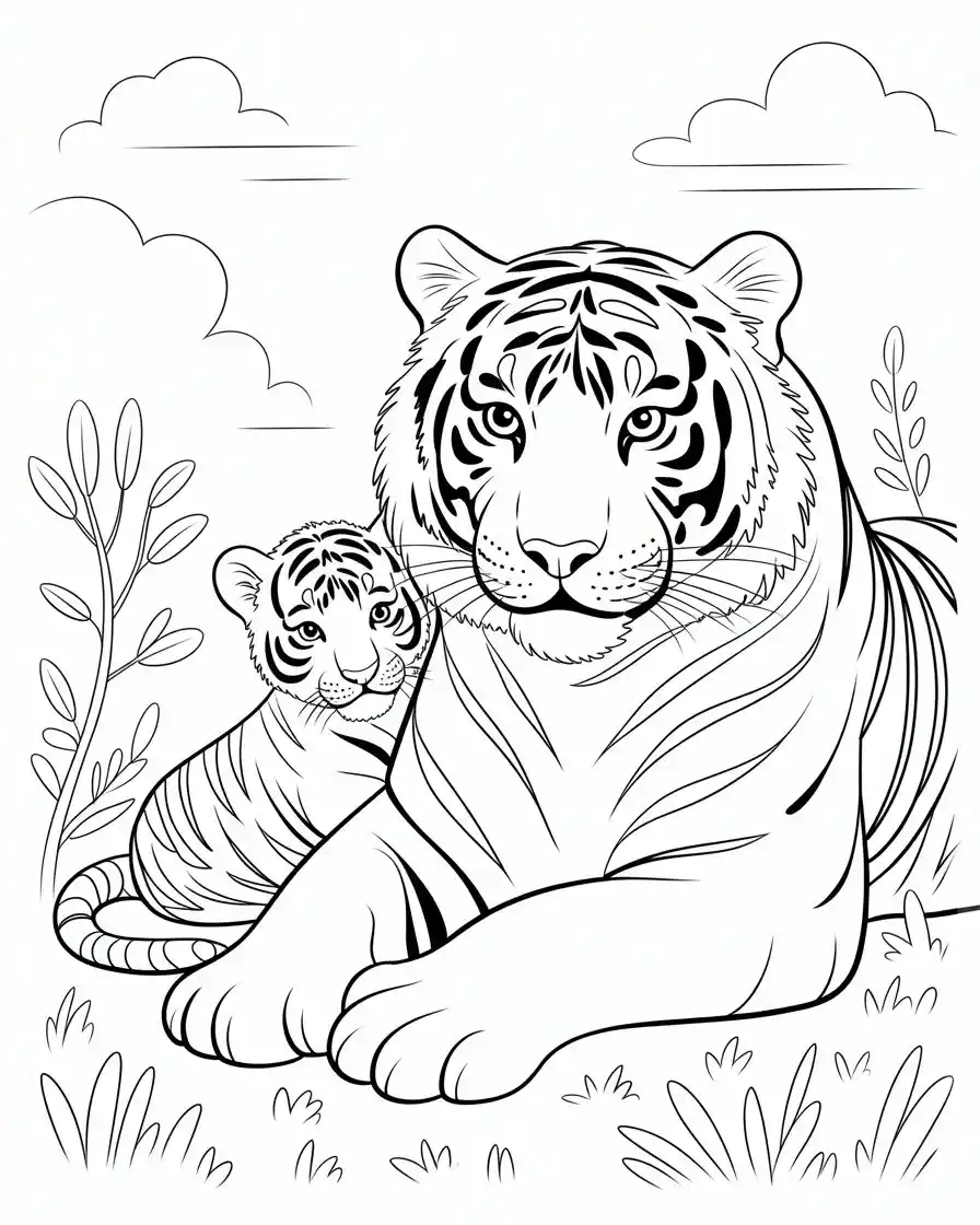 mother tiger with cub coloring page