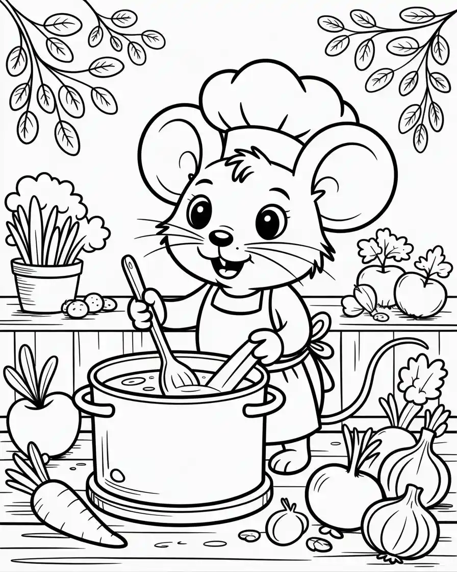 mouse chef stirring vegetable soup coloring page 1