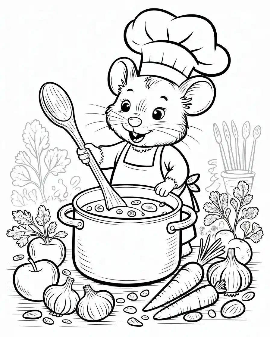 mouse chef stirring vegetable soup coloring page