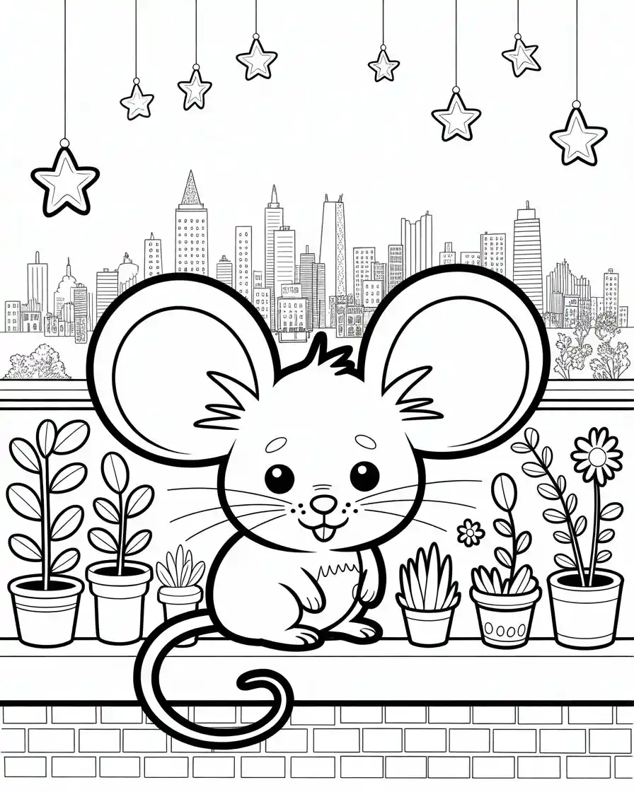 mouse on rooftop overlooking city coloring page 1