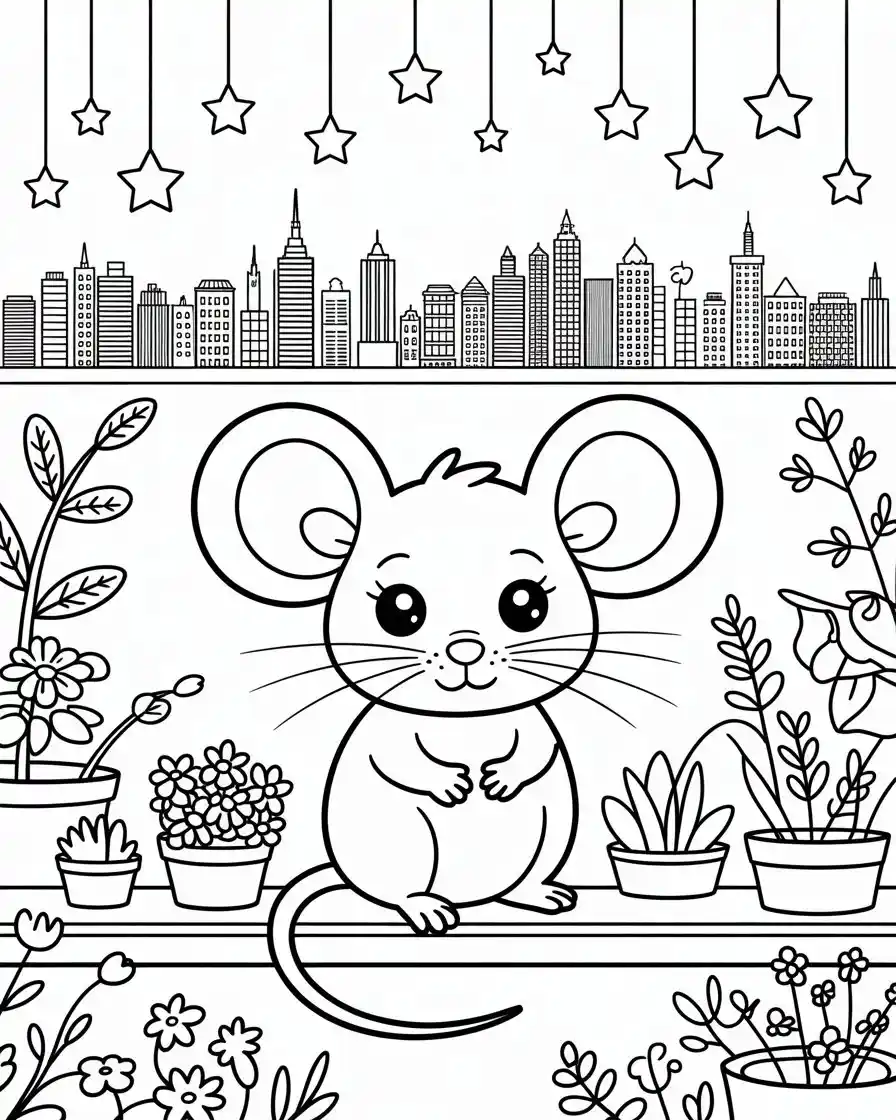 mouse on rooftop overlooking city coloring page