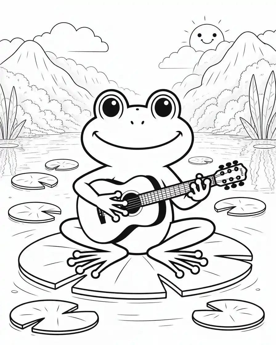 musical frog playing guitar coloring page