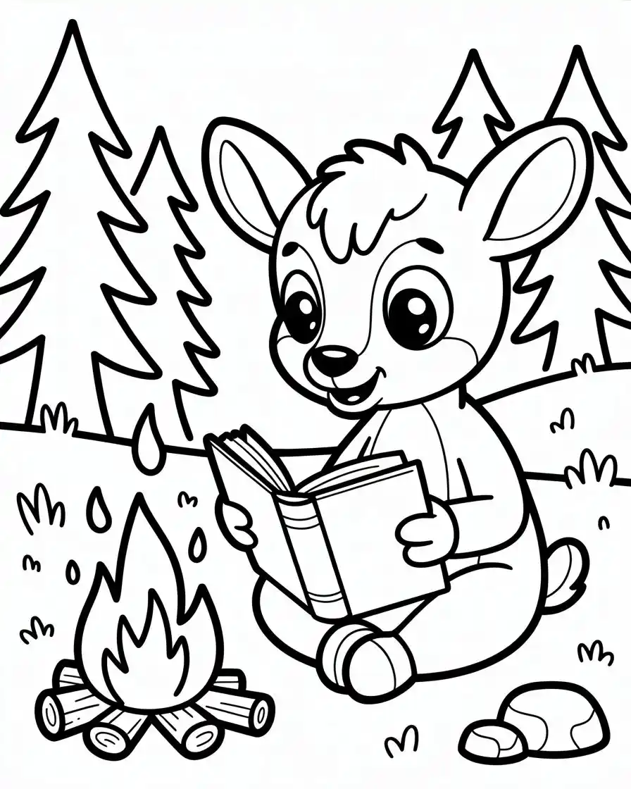 nerdy deer reading next to a bonfire 1
