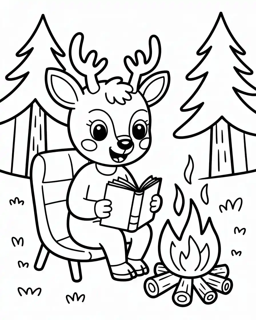 nerdy deer reading next to a bonfire
