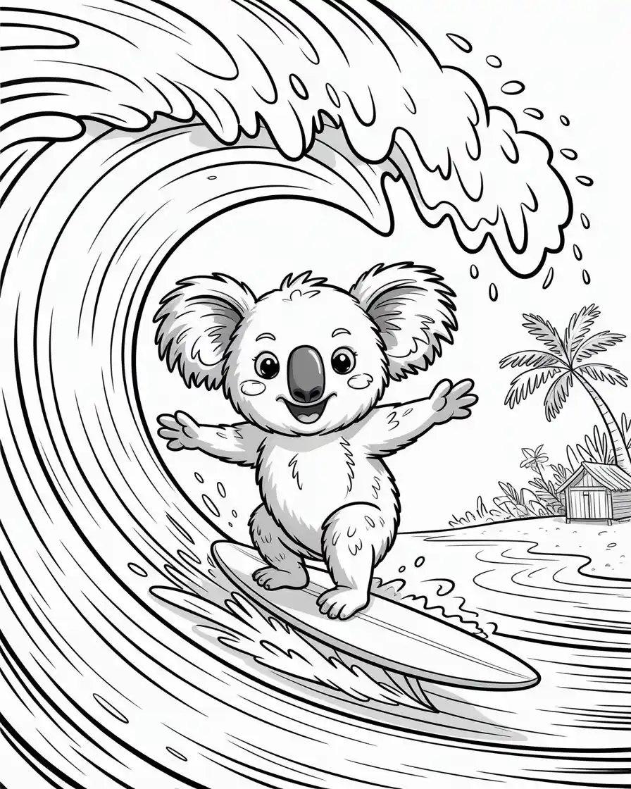koala surfing coloring