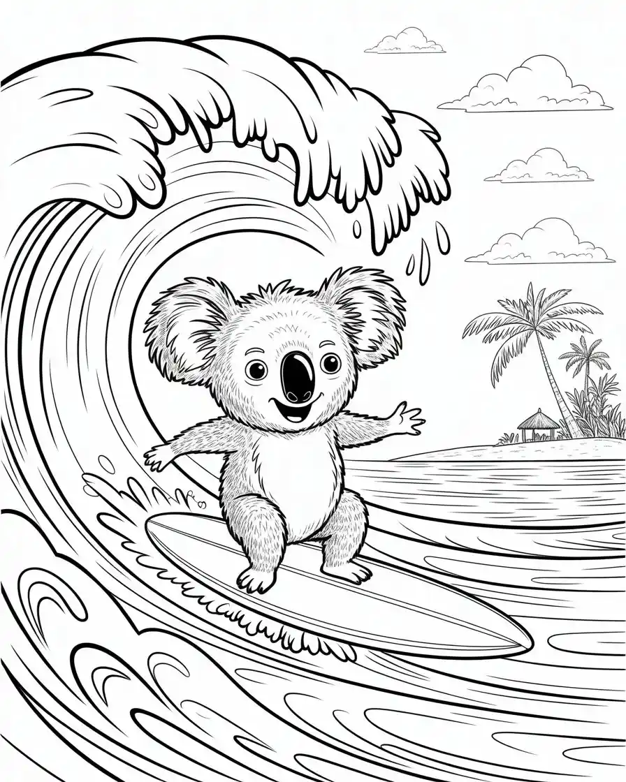 koala surfing coloring