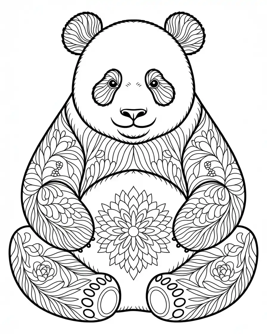 ornamental panda with floral swirls belly design coloring page