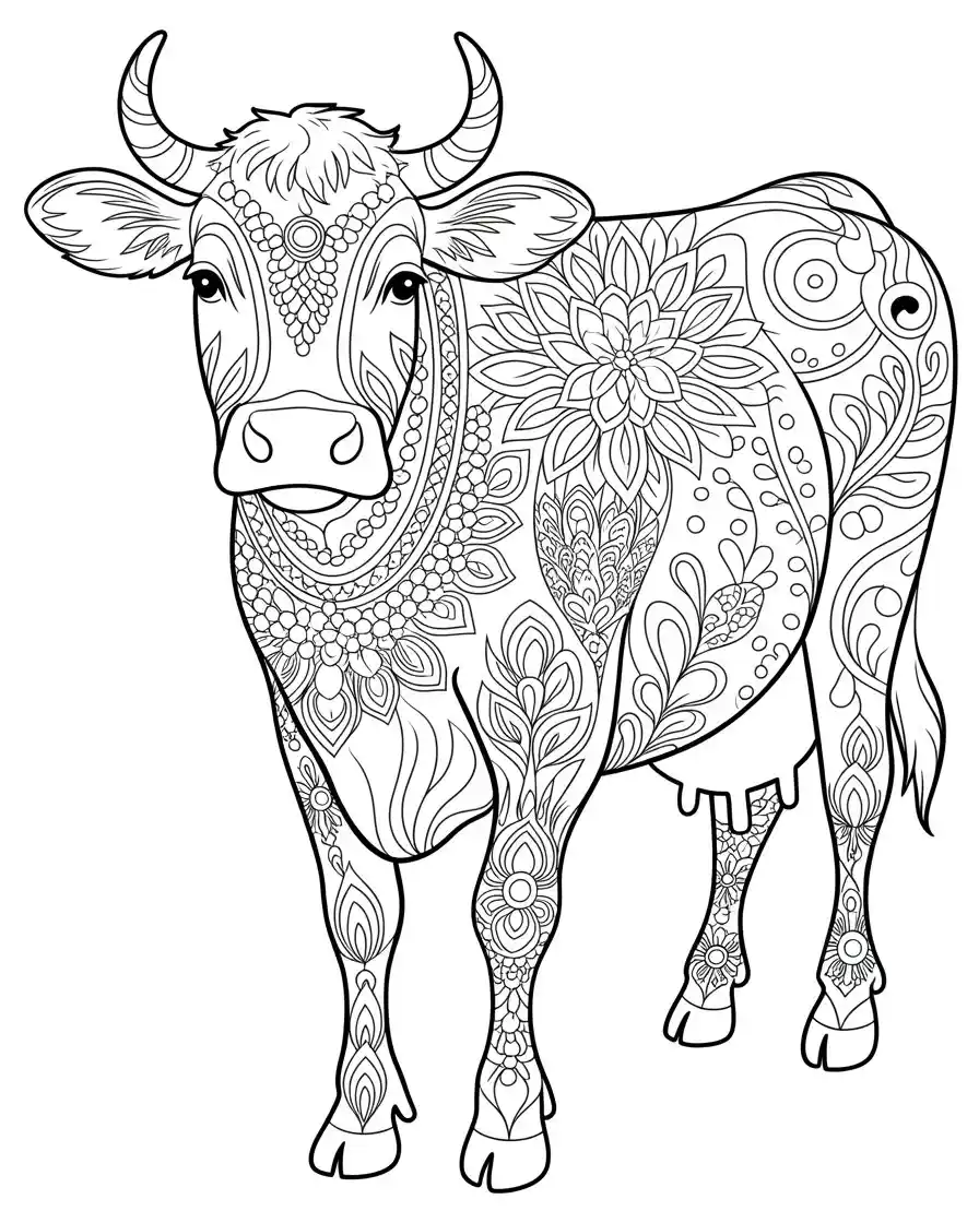 ornate mandala cow with floral and swirl patterns coloring page