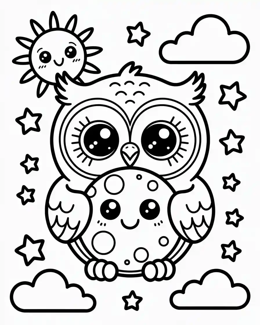 owl hugging moon coloring page 1