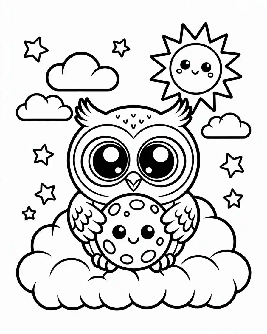 owl hugging moon coloring page