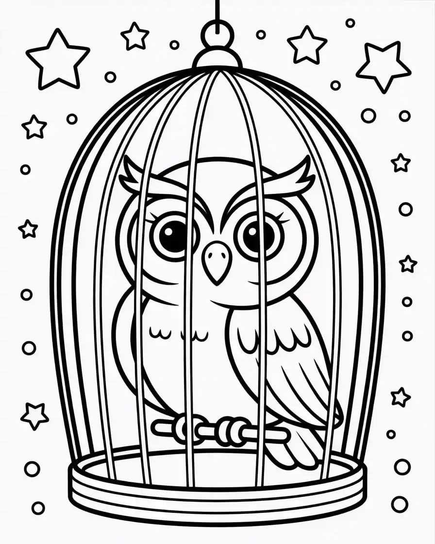 owl in birdcage coloring page 1