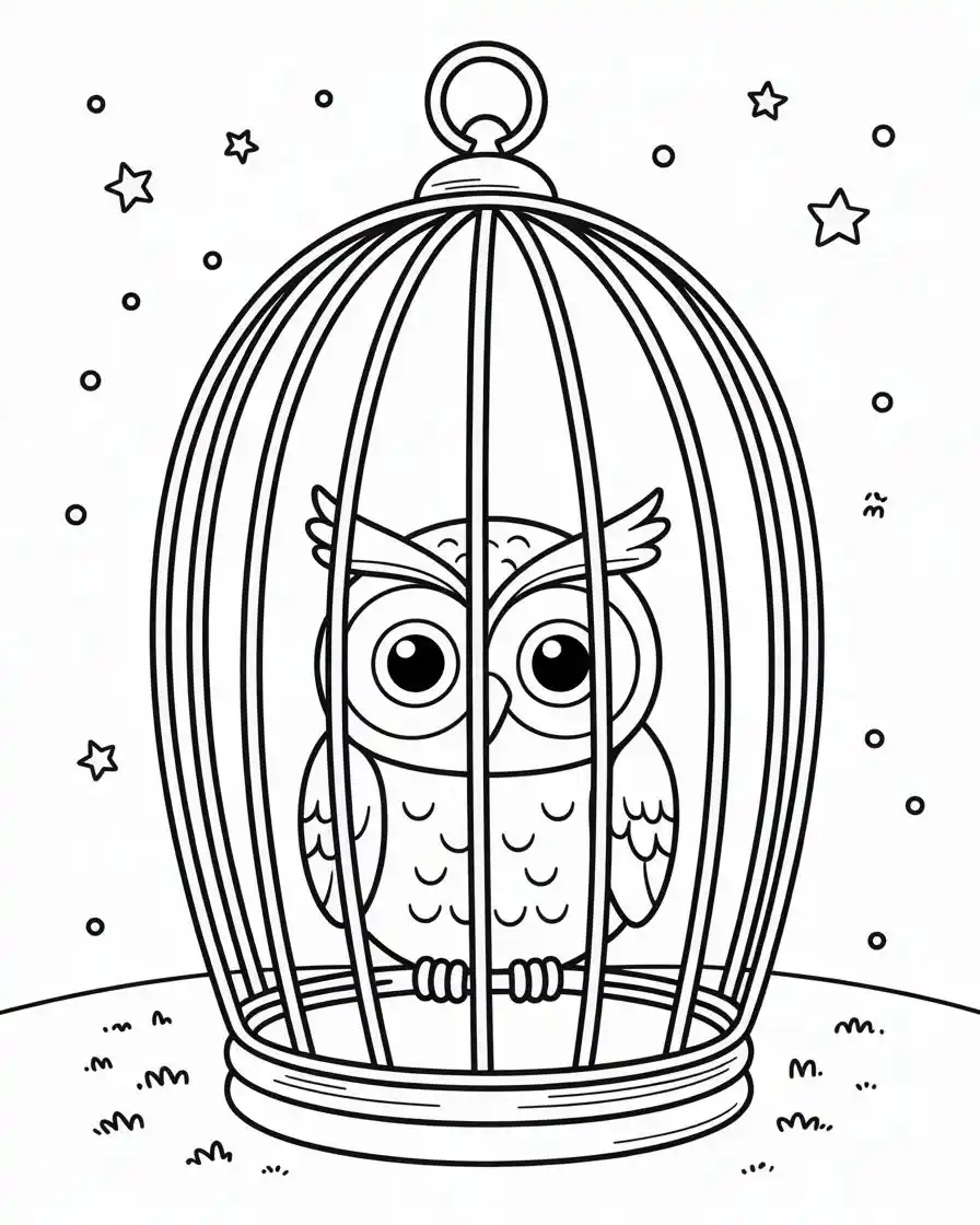 owl in birdcage coloring page