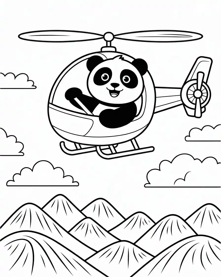 panda flying helicopter coloring page