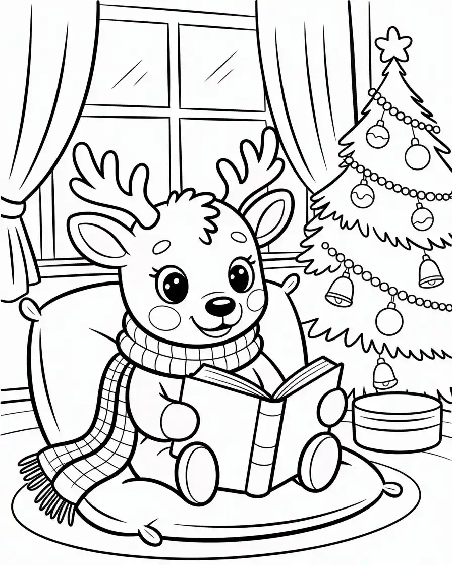 peaceful baby reindeer reading christmas coloring page 1