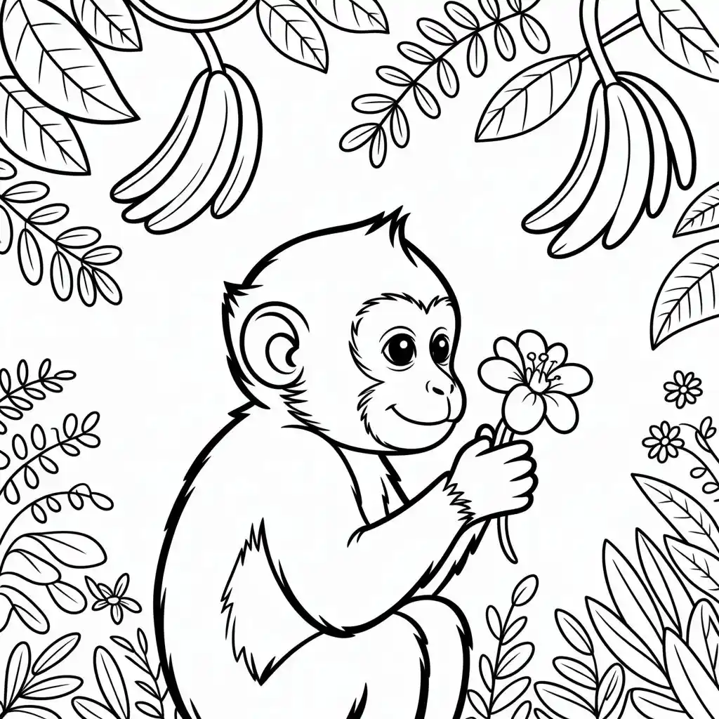 peaceful monkey holding flower coloring page