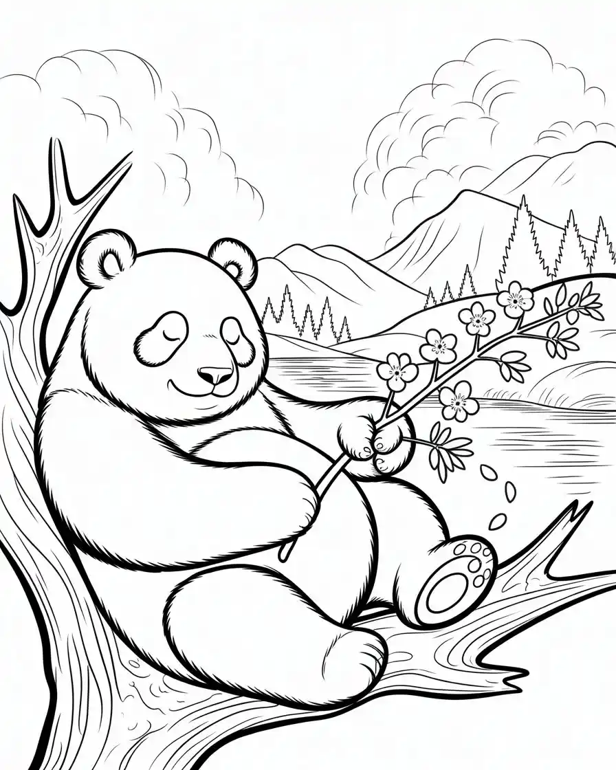 peaceful panda sleeping on a tree branch overlooking a lake coloring sheet