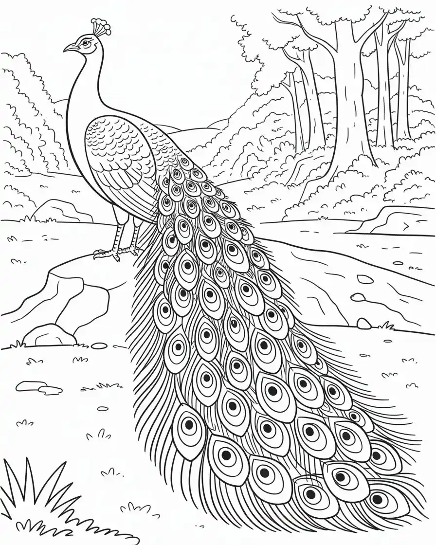 peacock in nature coloring page