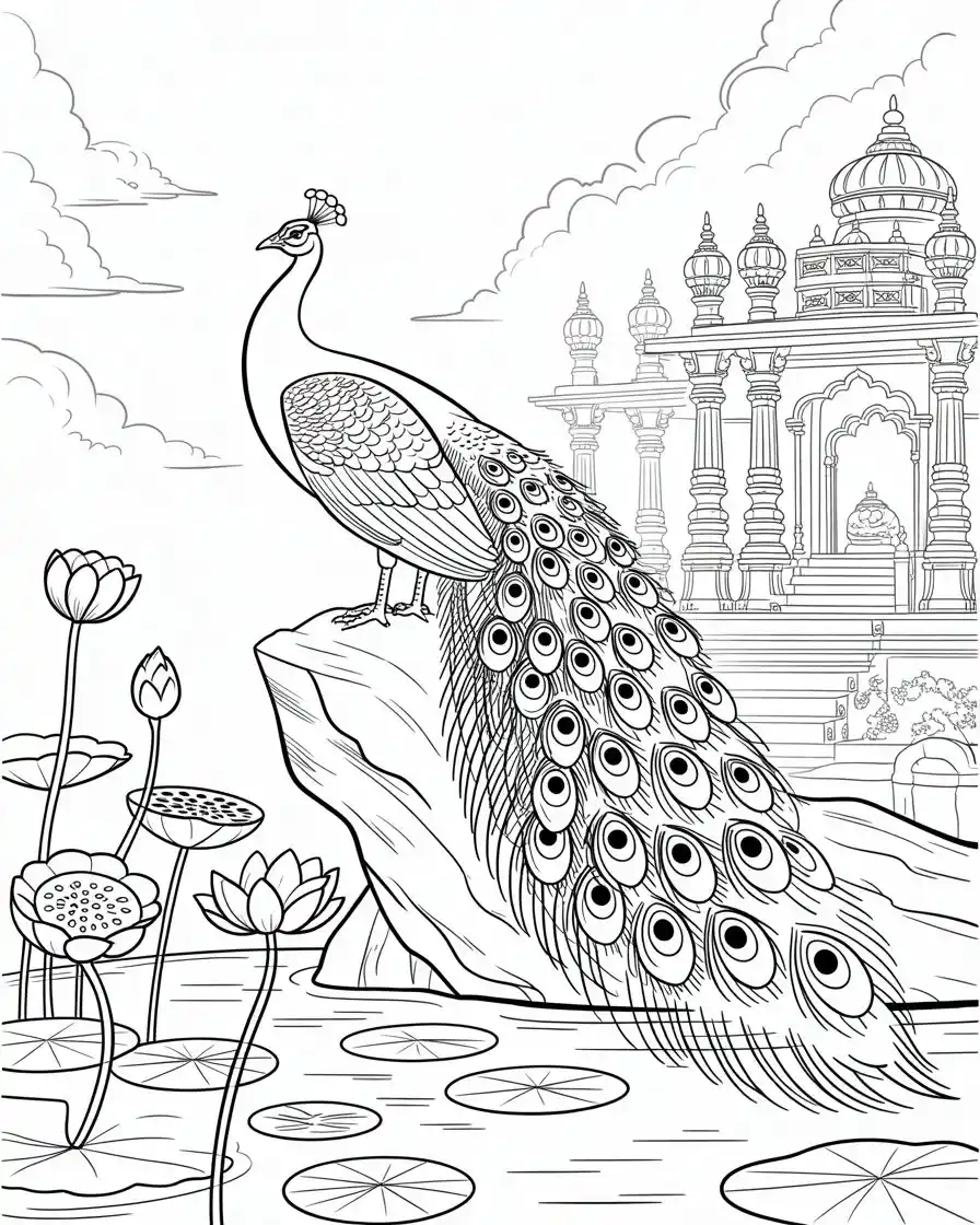 peacock lotus pond temple coloring page