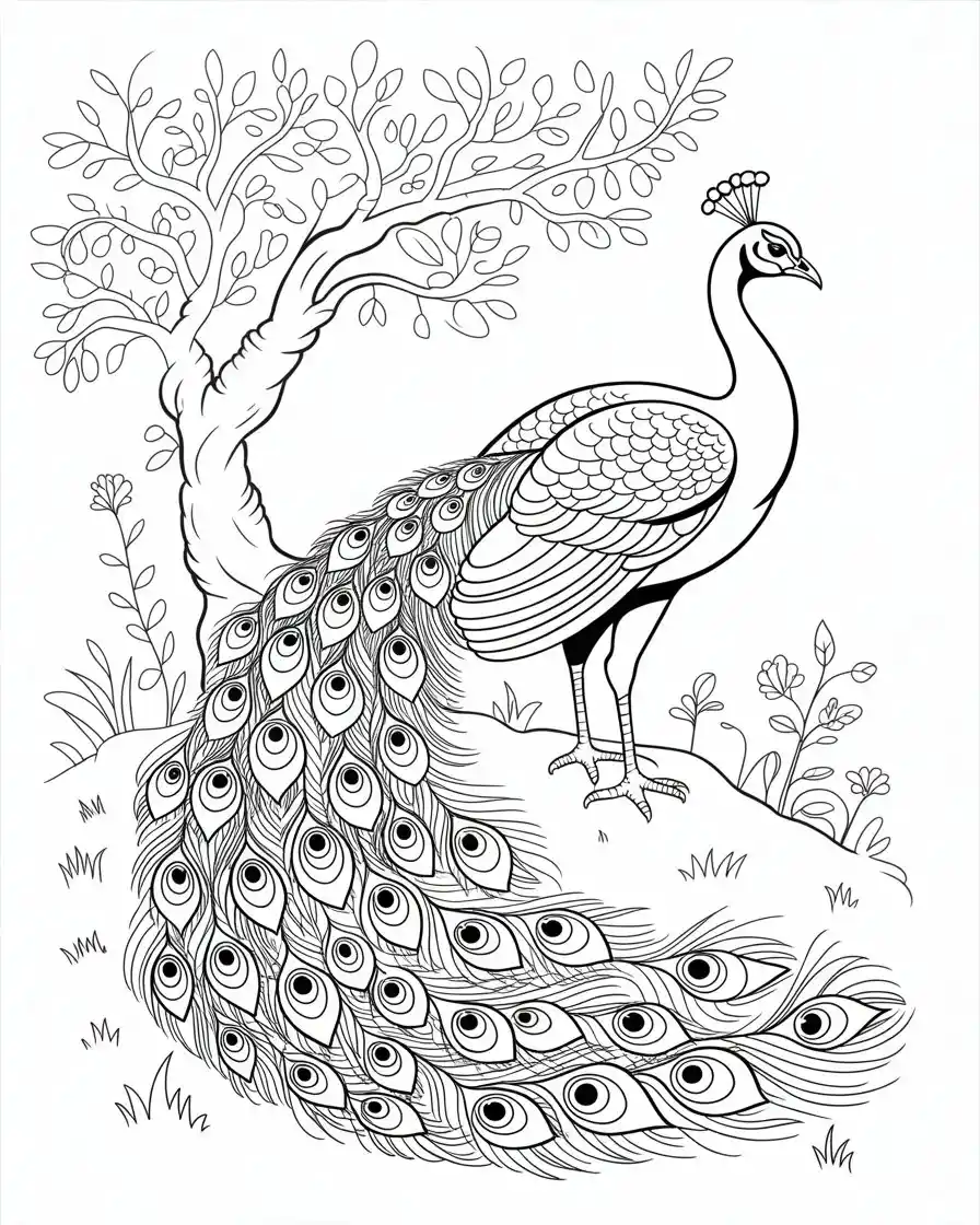 peacock under tree bird line art printable for kids and adults