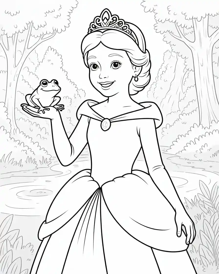 princess holding frog coloring page
