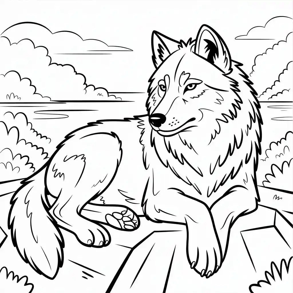 realistic adult wolf resting coloring page
