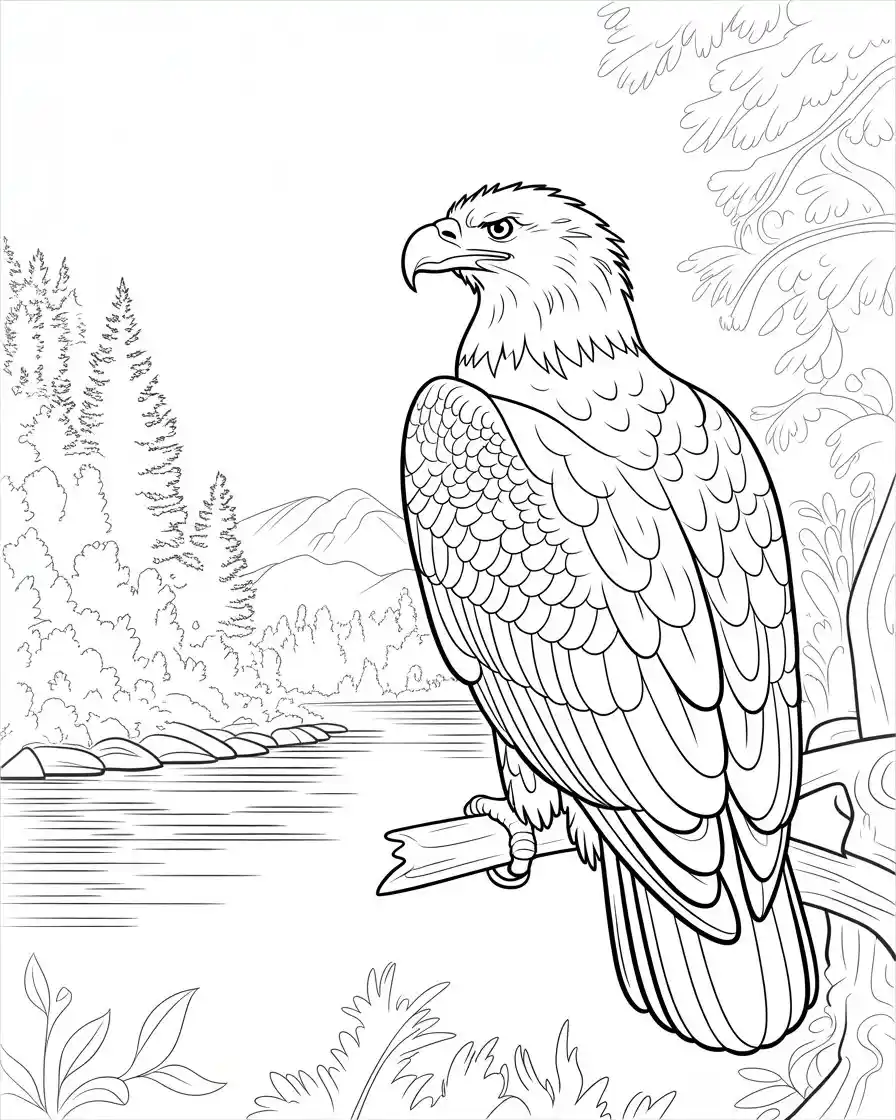 realistic bald eagle overlooking a forest river coloring page
