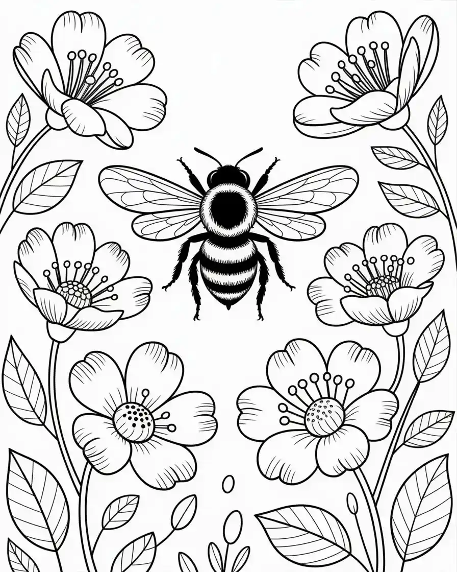 realistic bee hovering over flowers coloring page 1