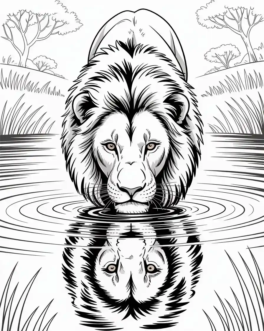 realistic lion drinking water coloring page