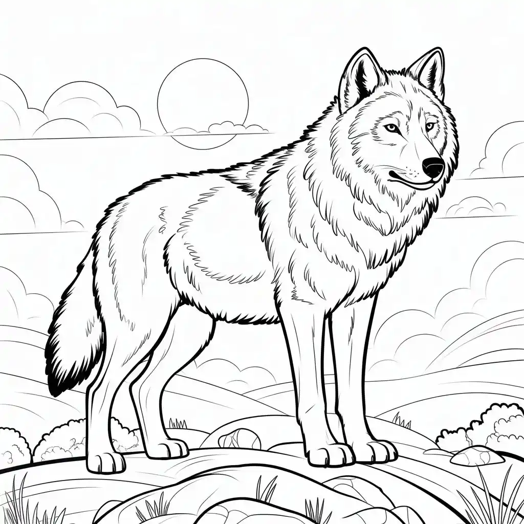 realistic wolf standing in front of full moon coloring page