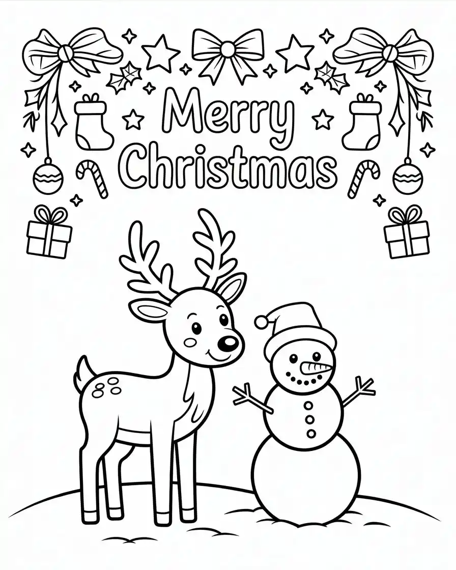 reindeer and snowman merry christmas coloring page