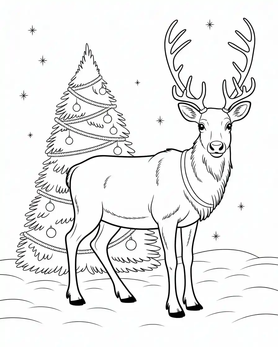 reindeer beside christmas tree coloring page
